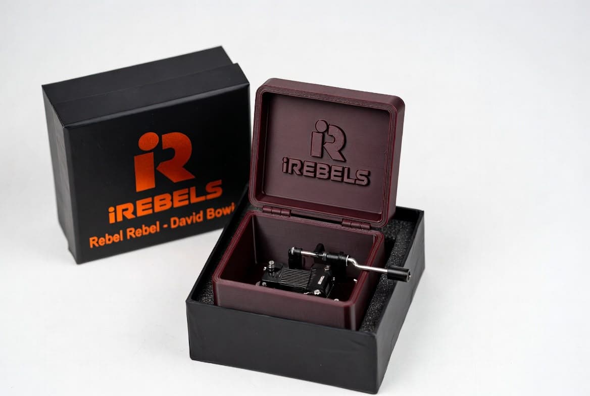 Open iRebels muziekdoosje naast de bijbehorende zwarte doos